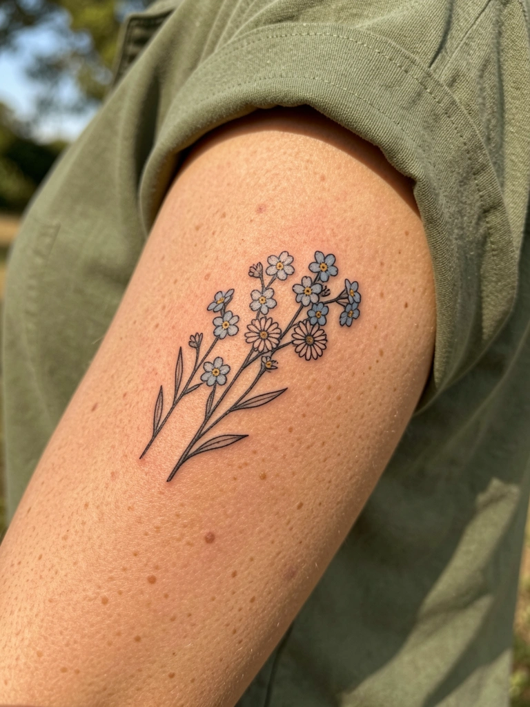 Braço feminino com tatuagem minimalista de flores em linha fina, camisa verde oliva, luz natural suave.