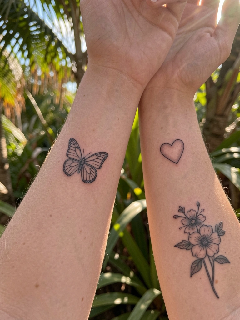 Dois antebraços com tatuagens minimalistas de borboleta e coração, pele realista sob luz natural filtrada por folhagens.