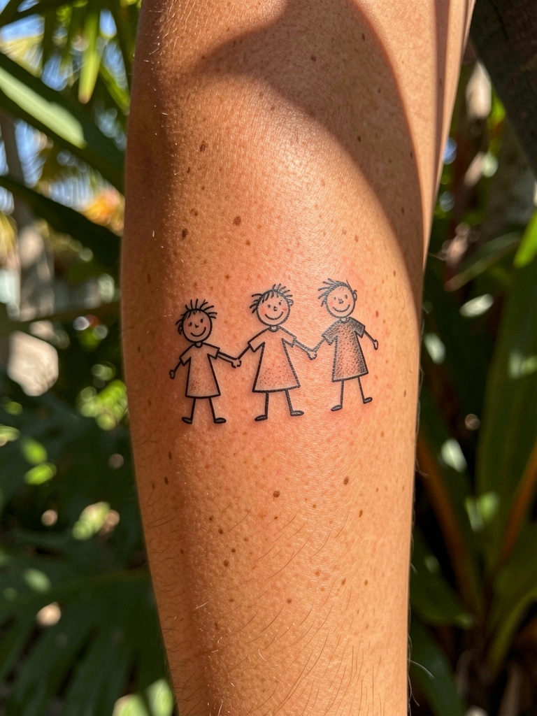 Braço bronzeado com tatuagem minimalista de três bonecos palito de mãos dadas, luz natural filtrada por folhas criando sombras suaves.