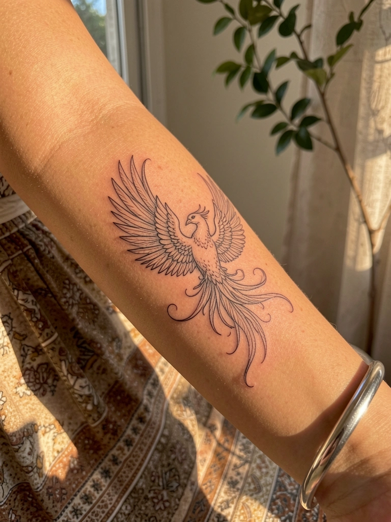 Braço feminino com tatuagem de fênix em traço preto fino, pulseira de prata, luz do sol filtrada e saia estampada ao fundo.