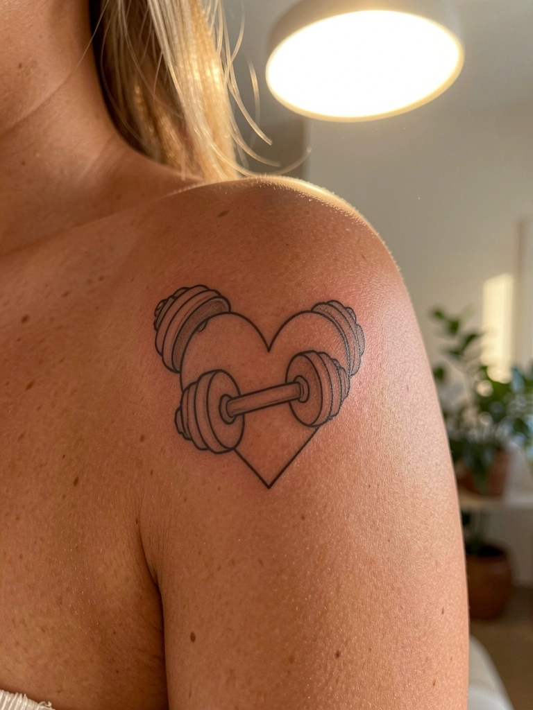 Tatuagem delicada de coração com halteres no ombro feminino, iluminada por luz natural suave.