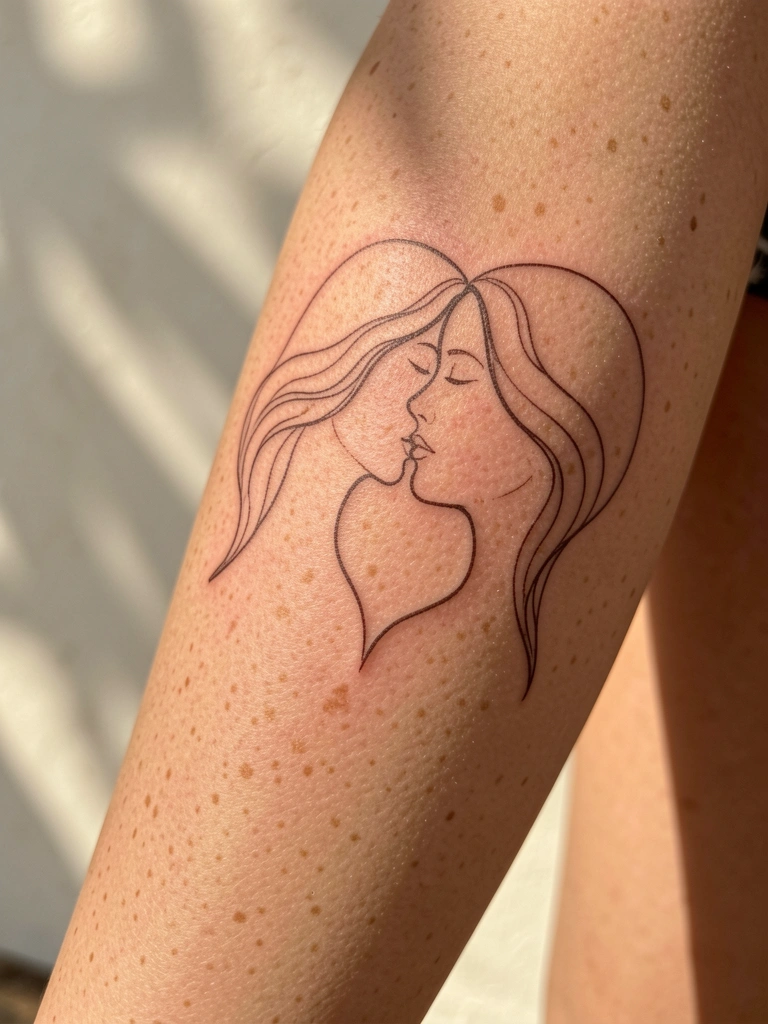Perna feminina com tatuagem minimalista de dois rostos femininos em linhas marrons, pele com sardas, luz natural difusa e parede clara desfocada ao fundo.