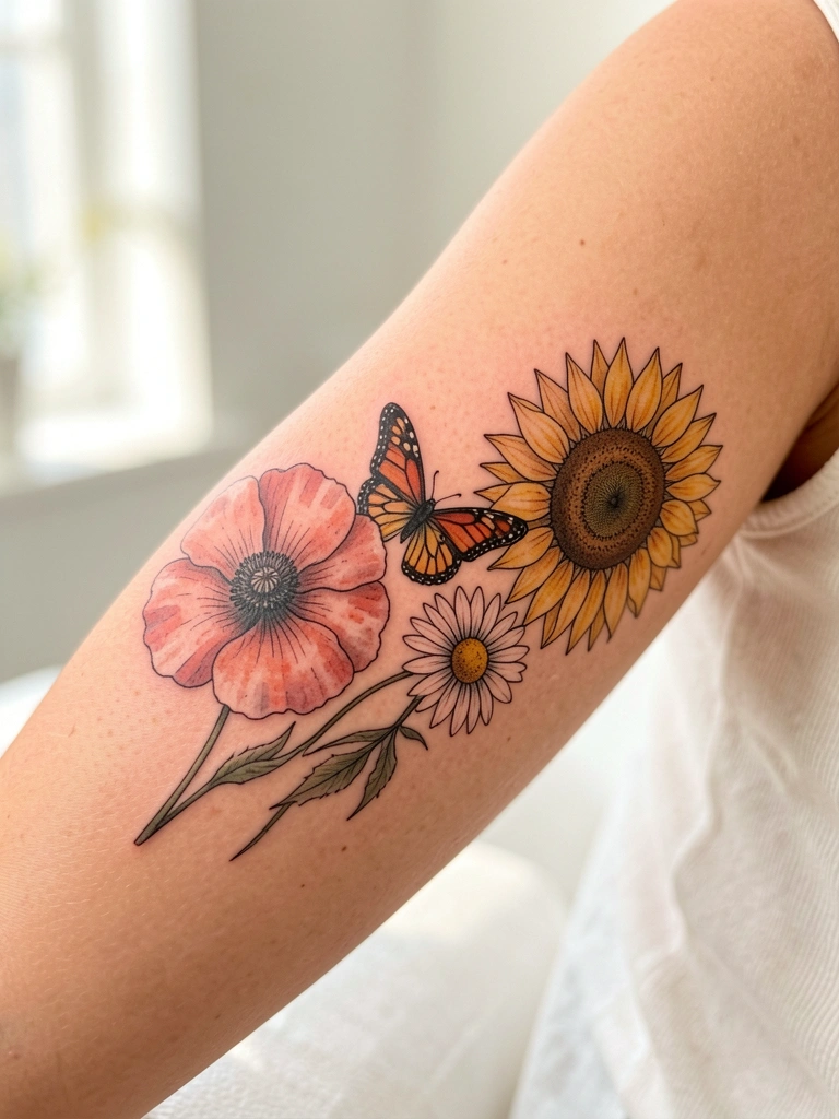 Braço feminino com tatuagens delicadas de papoula, girassol, borboleta e margarida, traços finos pretos, luz suave difusa.