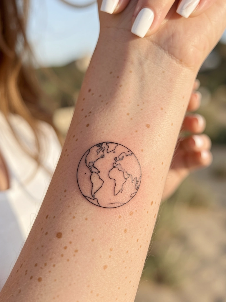 Braço feminino com tatuagem minimalista de globo terrestre em traços pretos, unhas brancas e luz natural suave, fundo desfocado externo.
