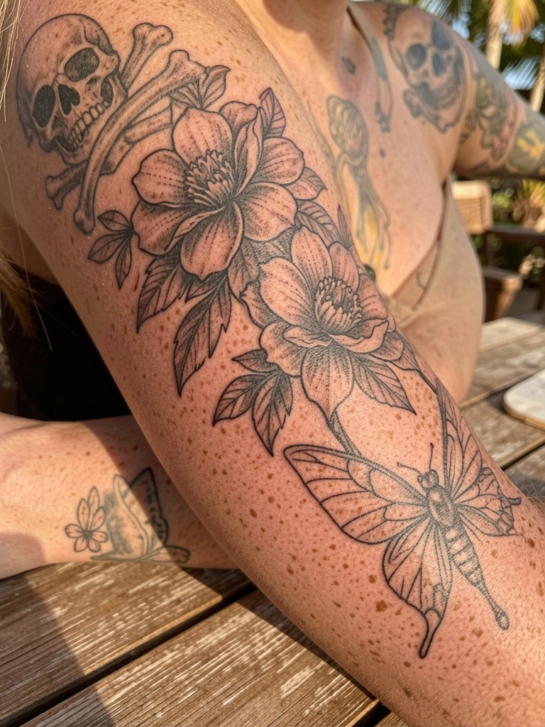 Braço feminino com tatuagens blackwork: florais no antebraço, caveira no ombro e asa de fada no braço, luz natural e pele com sardas.