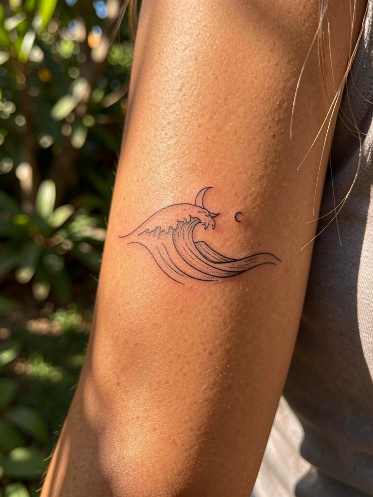 Braço feminino com tatuagem minimalista de onda e lua crescente em tinta preta, luz natural filtrada por folhagens.