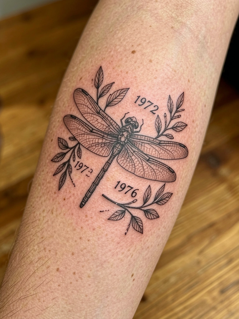 Braço feminino com tatuagem delicada de libélula em traço fino, sobreposta às datas 