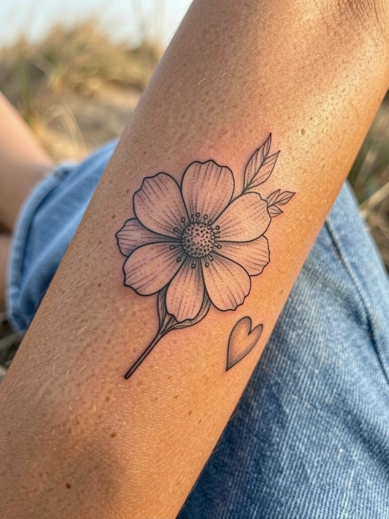 Close-up de tatuagem floral branca em braço bronzeado, com pequeno coração ao lado, fundo jeans azul, luz natural suave e desfoque.