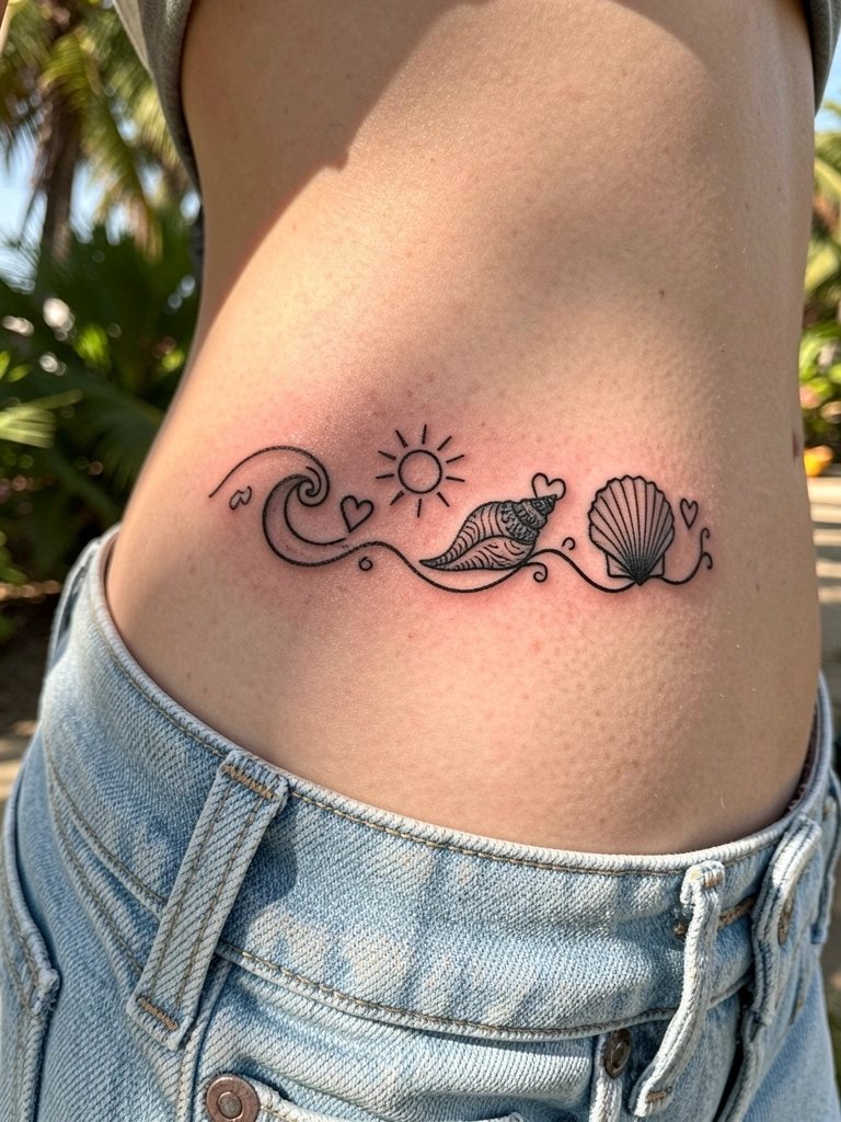 Luz natural destaca tatuagem preta de onda, sol, concha e corações na barriga de mulher, parcialmente coberta por jeans claro.