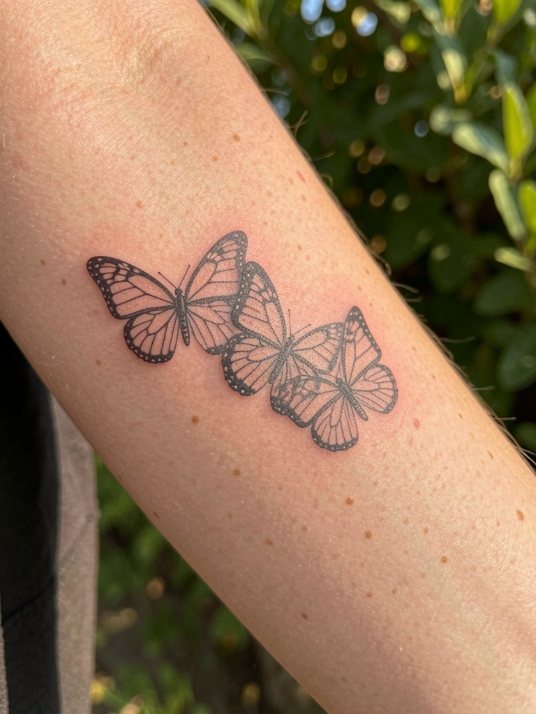 Luz natural incide sobre o antebraço feminino com três tatuagens de borboleta em preto, pele com textura visível e fundo verde desfocado.
