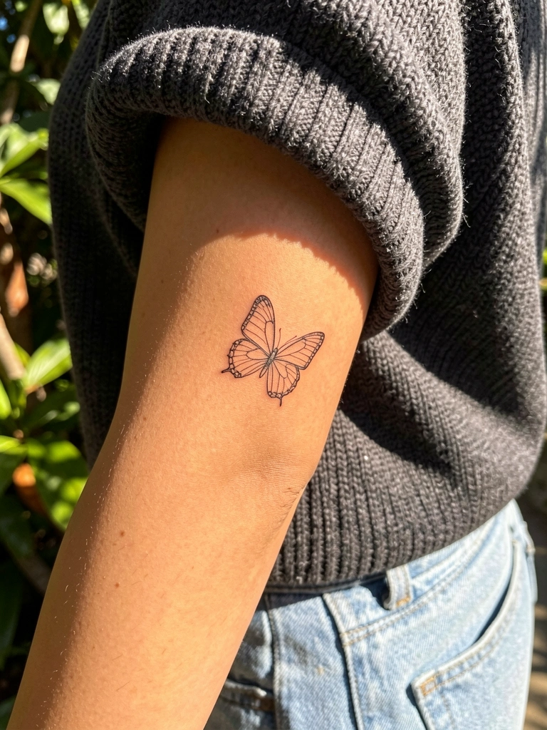 Tatuagem minimalista de borboleta em linha fina no cotovelo de uma mulher, com suéter cinza escuro texturizado e jeans azul claro, iluminada por luz natural que cria sombras suaves.