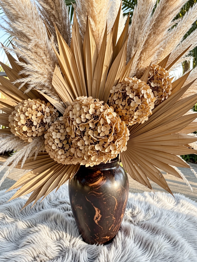Vaso de cerâmica marrom com capim-dos-pampas, hortênsias secas e folhas de palmeira sobre carpete de pele de carneiro cinza claro, luz natural.