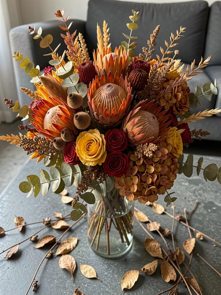 Buquê de flores secas em tons de laranja queimado e vermelho dentro de vaso de vidro sobre superfície de concreto cinza, com folhas secas espalhadas e sofá escuro ao fundo.