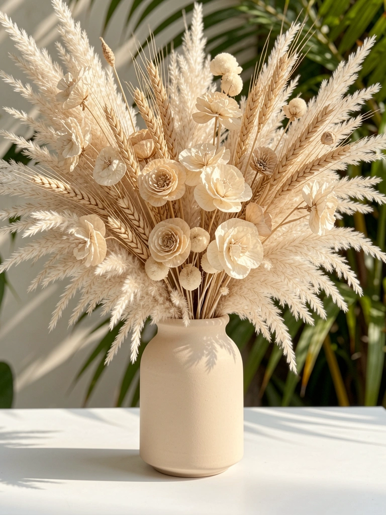 Arranjo de capim-dos-pampas, flores secas e trigo em vaso de cerâmica bege claro sobre fundo branco, com luz natural suave.