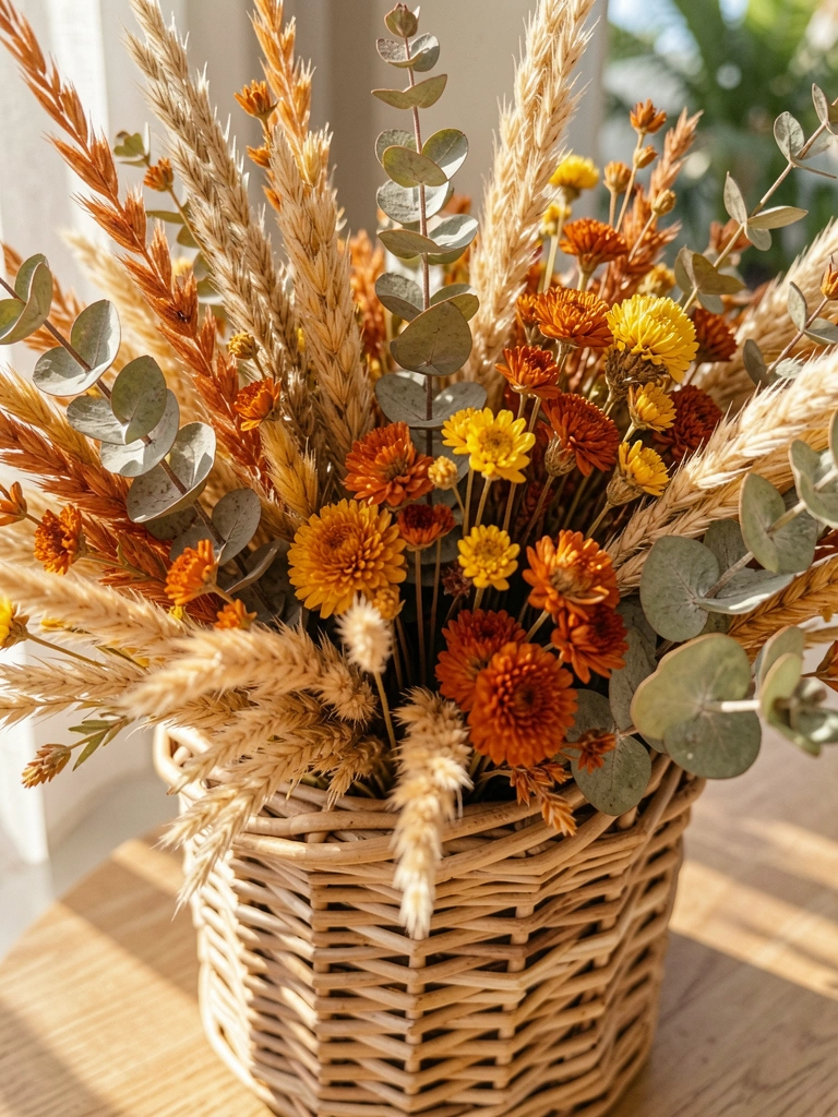Cesta de vime trançado com flores secas em laranja queimado, amarelo dourado e eucalipto verde-acinzentado, luz natural destacando texturas.