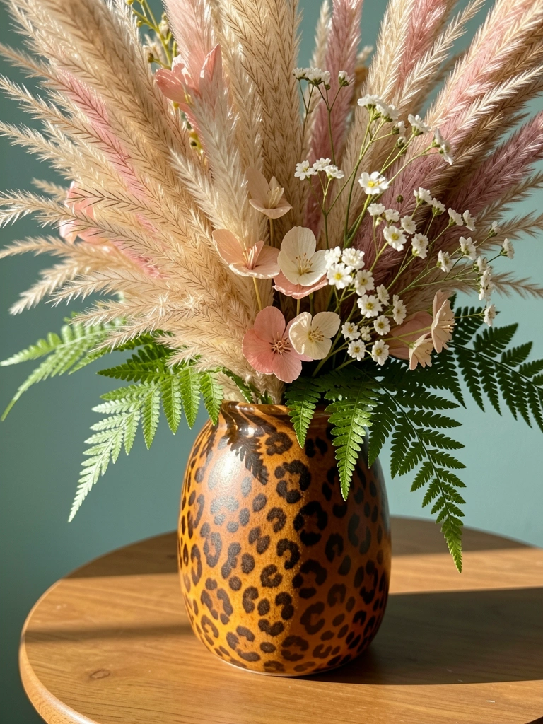 Vaso rústico com estampa de leopardo em tons terrosos, cheio de capim-dos-pampas, flores brancas e samambaias, sobre mesa de madeira redonda, luz natural e fundo verde-azulado.