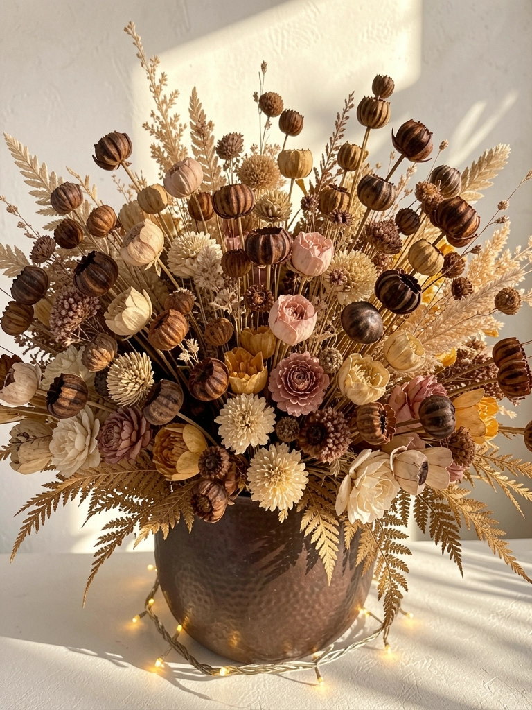Vaso de bronze escuro texturizado com flores secas em tons de bege, marrom e rosa, luz natural e filetes de luzes quentes na base.
