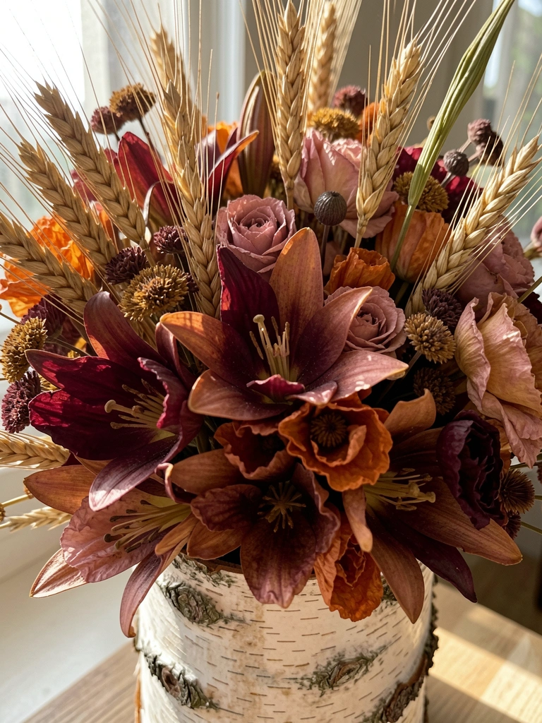 Arranjo denso de flores secas em vaso rústico, com tons vinho, rosa e laranja queimado, luz natural filtrada ao fundo.