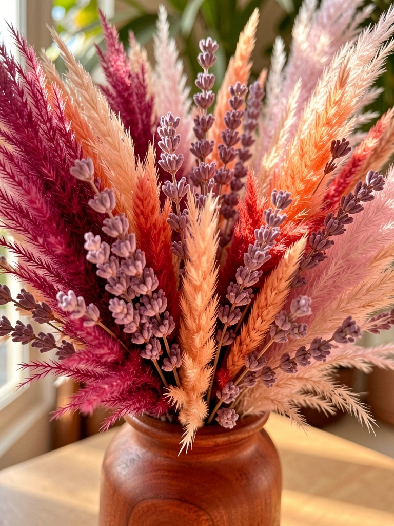 Vaso de madeira rústica com buquê de capim-dos-pampas e lavanda em tons de magenta, coral e pêssego, luz natural suave e fundo desfocado.