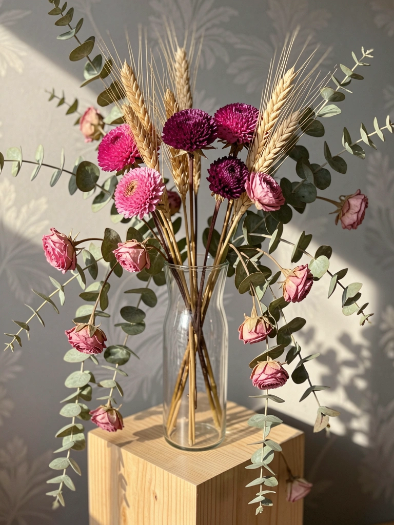 Luz natural incide sobre vaso de vidro com flores secas rosas e roxas em cubo de madeira clara, eucaliptos e parede cinza com papel de parede sutil.
