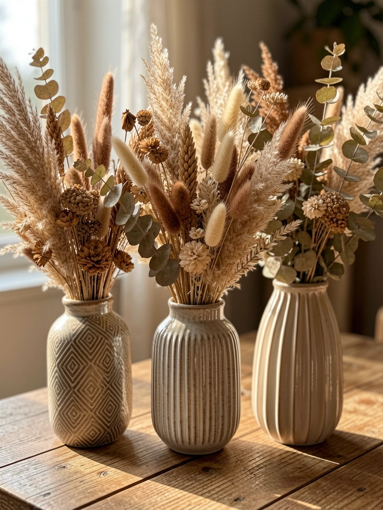 Vasos cerâmicos de formas geométrica, canelada e flautada sobre mesa rústica de madeira com capim-dos-pampas, rabo-de-lebre e eucalipto secos em tons de marrom e bege, luz natural difusa.