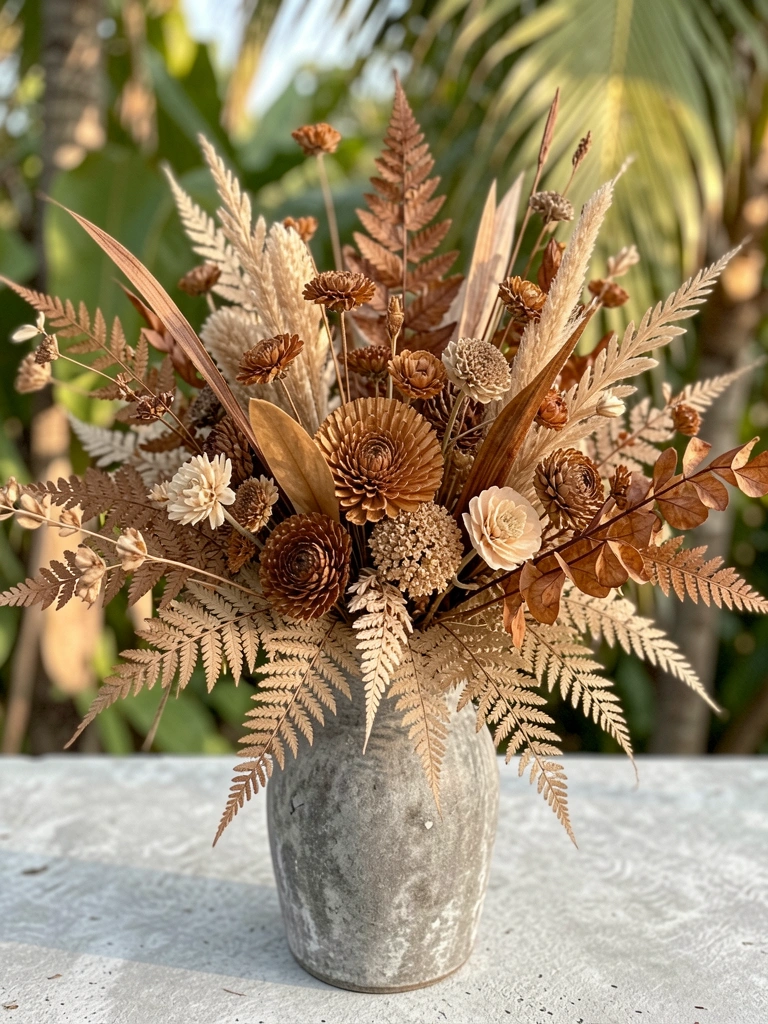 Arranjo seco em vaso cinza sobre superfície de concreto, com samambaias e flores em tons de marrom e bege, iluminação natural suave.