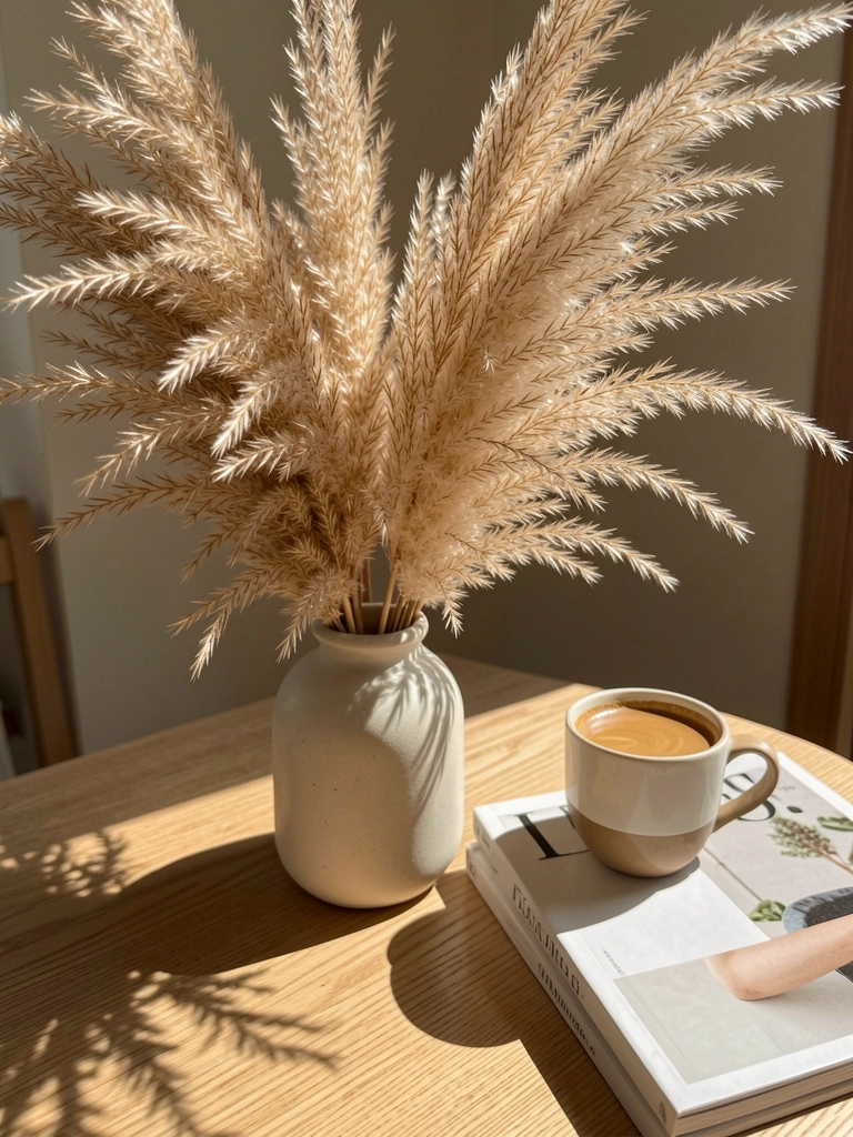 Vaso de cerâmica off-white com capim-dos-pampas seco sobre mesa de madeira clara, xícara de café e revistas empilhadas, luz natural quente e sombras suaves.