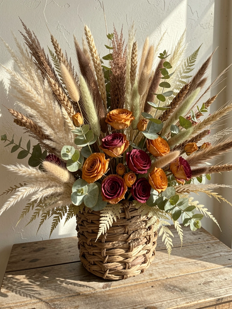 Arranjo seco em cesto de vime sobre mesa rústica, com capim-dos-pampas, trigo e rosas alaranjadas, luz natural e sombras suaves.