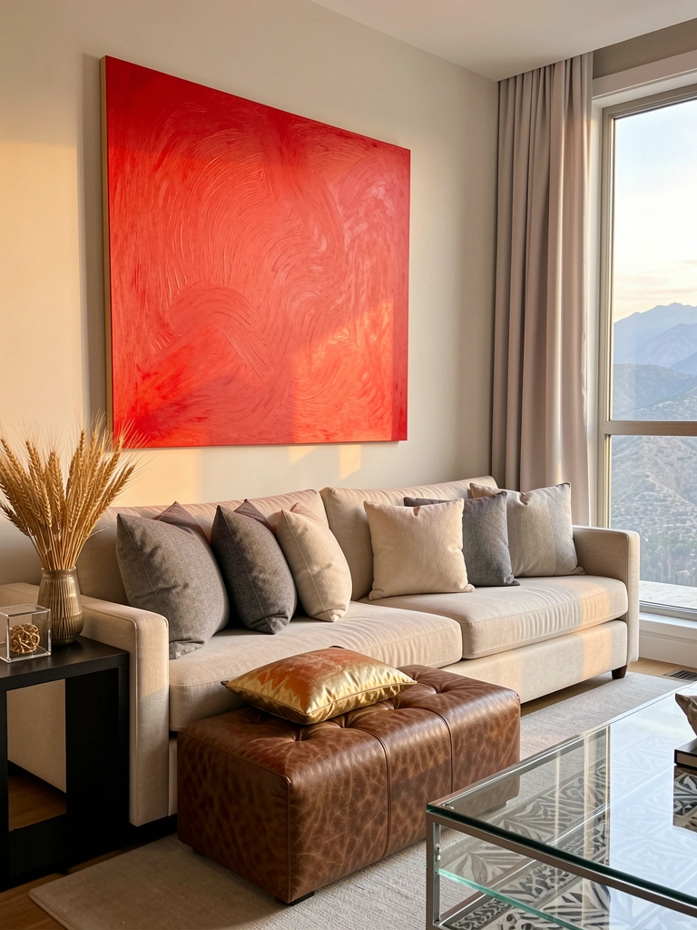 Quadro abstrato vermelho sobre sofá bege com almofadas cinza e creme, pufe de couro marrom e vaso com trigo seco ao lado, luz natural de janela com vista para montanhas.