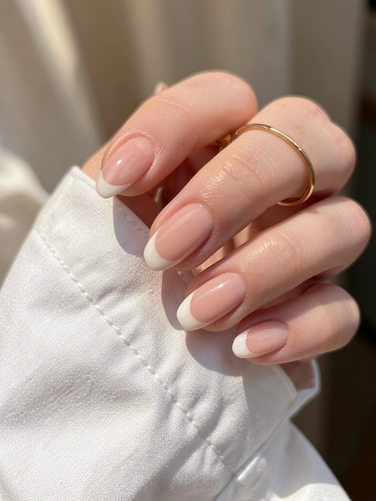 Mão pálida com anel de ouro e unha nude rosa com ponta francesa branca, manga de camisa branca amarrotada, luz natural suave e fundo desfocado.