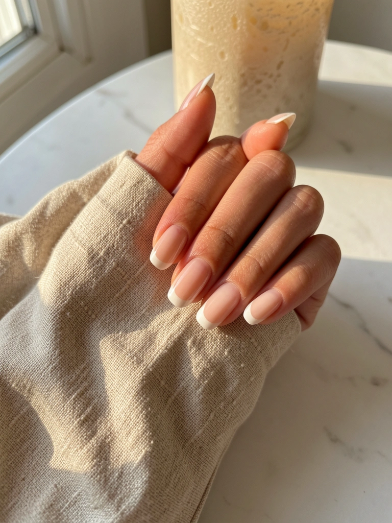 Mãos com unhas francesas seguram manga de linho bege, luz natural incide sobre a pele, fundo desfocado com mármore branco e vela texturizada.