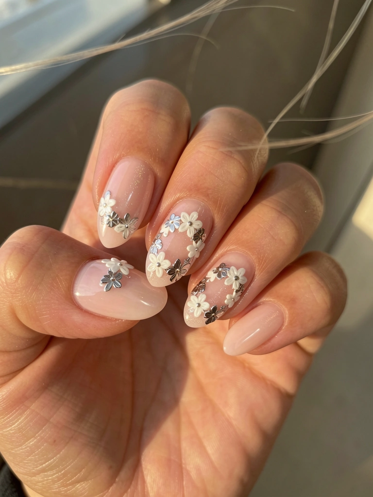 Mão feminina com unhas francesinhas rosa claro, adornadas com detalhes florais brancos e prateados, luz natural difusa ao fundo.
