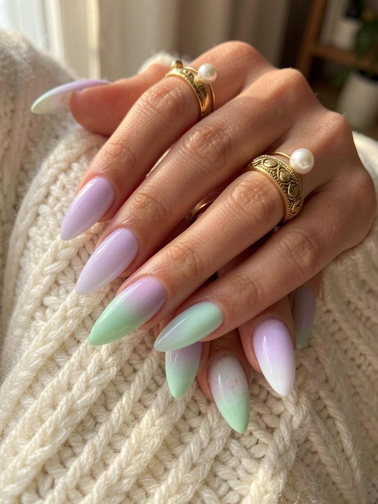 Mãos femininas com unhas longas em gradiente lavanda a verde menta, anéis de ouro com pérola e detalhes, sobre manga de tricô off-white, luz natural suave.