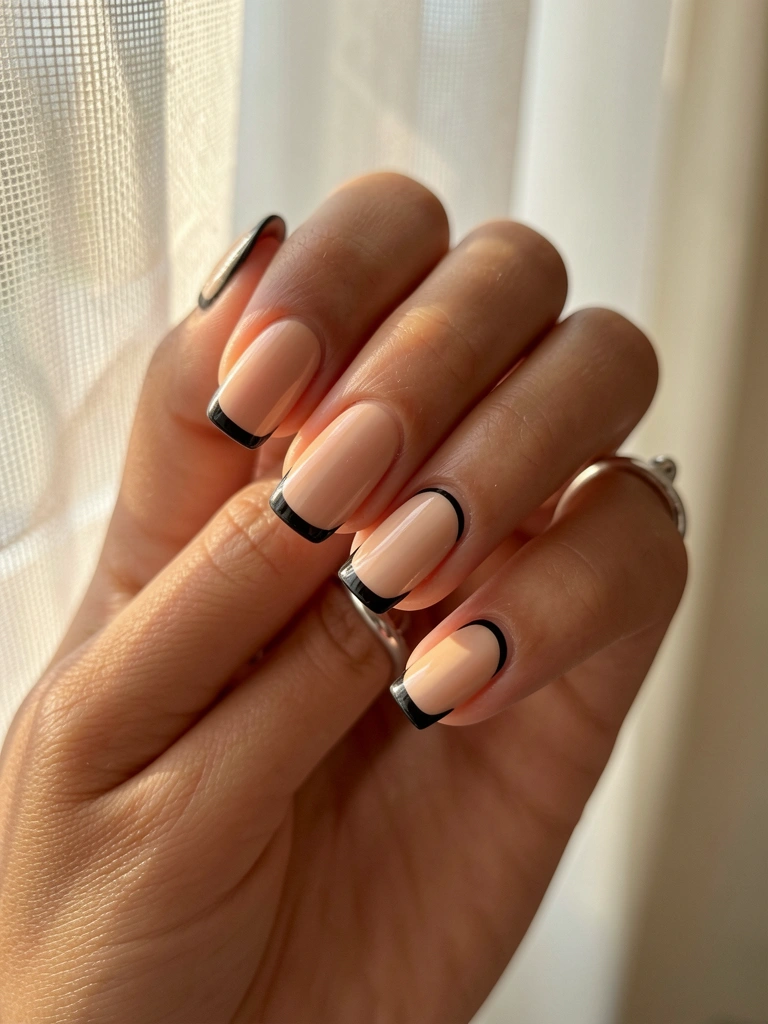 Mãos com unhas quadradas, esmalte nude e liner preto, anel de prata, luz difusa e fundo desfocado.
