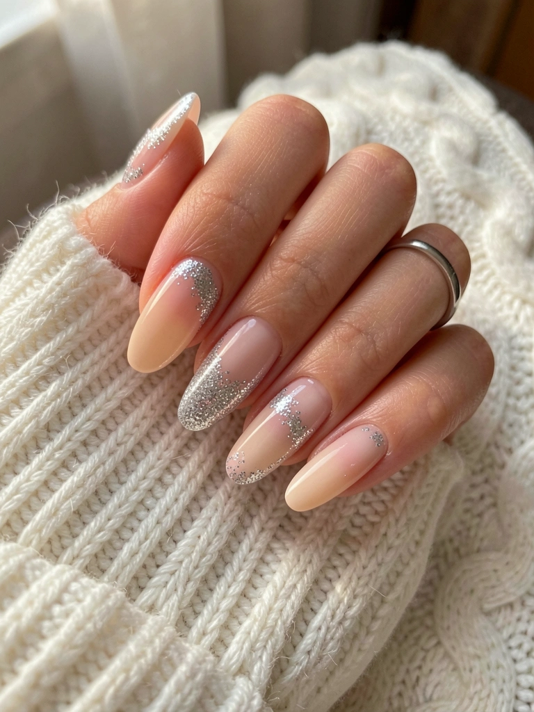 Mão feminina com unhas nuas decoradas com glitter prateado e anel fino, apoiada em suéter branco de tricô, luz natural e fundo desfocado.
