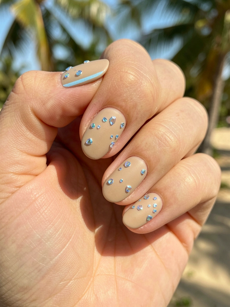 Mão bege clara com unhas de acabamento fosco, detalhe em linha azul clara na cutícula e pedrarias iridescentes azuis, luz natural quente.