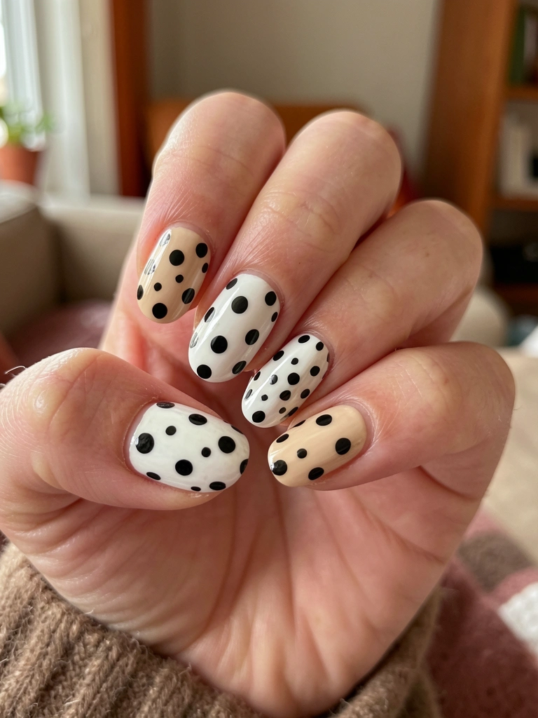 Mãos com unhas bege e esmaltação geométrica de bolinhas brancas e pretas, luz natural suave sobre fundo desfocado em tons quentes.