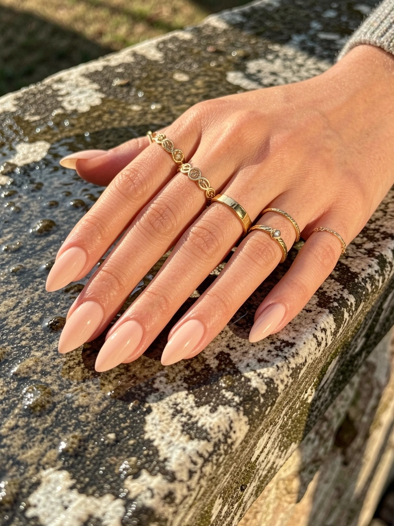 Mão feminina com unhas amendoadas nuas e anéis de ouro sobre pedra texturizada úmida, luz natural e sombras suaves.