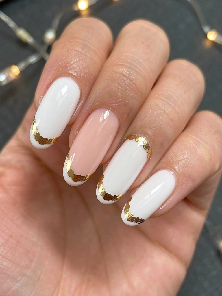 Unhas francesinhas brancas e rosa claro com filete dourado na ponta, iluminadas por luz natural, fundo escuro com luzes de fadas.