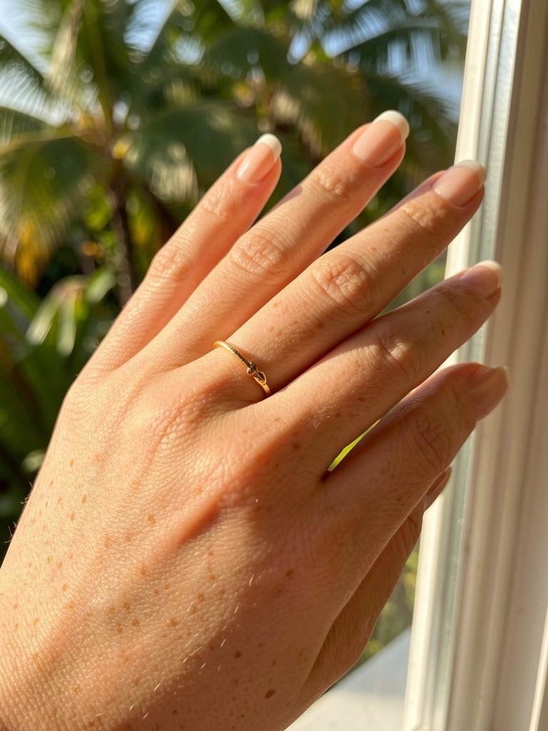 Mão feminina com aliança de ouro fina, unhas francesinhas nude e luz natural, fundo desfocado com folhagens verdes.
