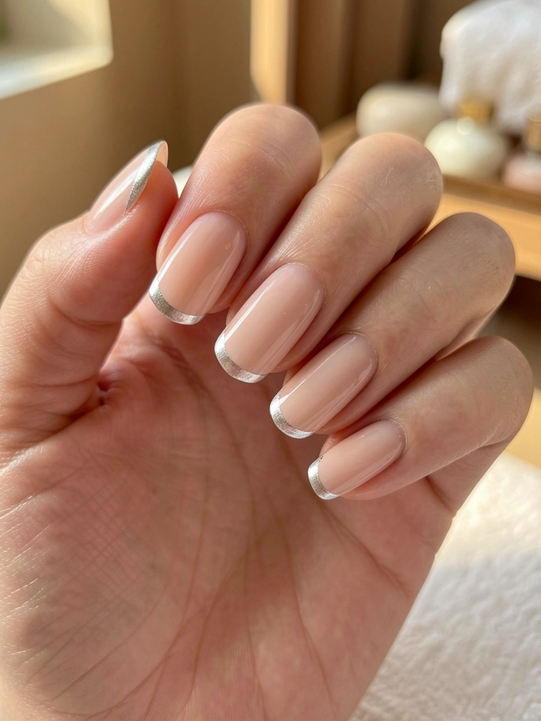 Mão nua com unhas quadradas, base nude e traço ultrafino prateado na borda, luz natural suave e fundo bege desfocado.