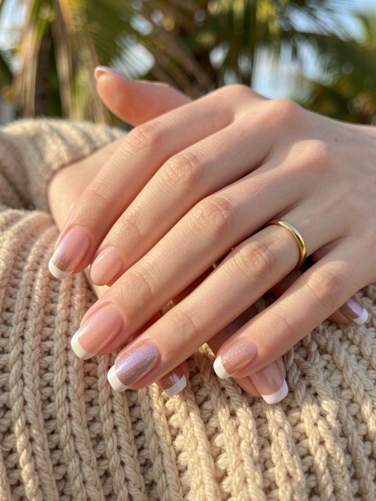 Mãos com esmalte rosa sutil e pontas brancas, anel de ouro fino sobre malha bege, luz natural e folhagens desfocadas ao fundo.