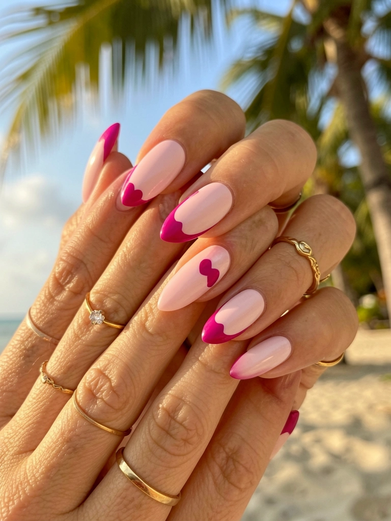 Mão com unhas compridas pintadas de rosa claro e borda magenta em formato de coração, anéis dourados e luz natural.