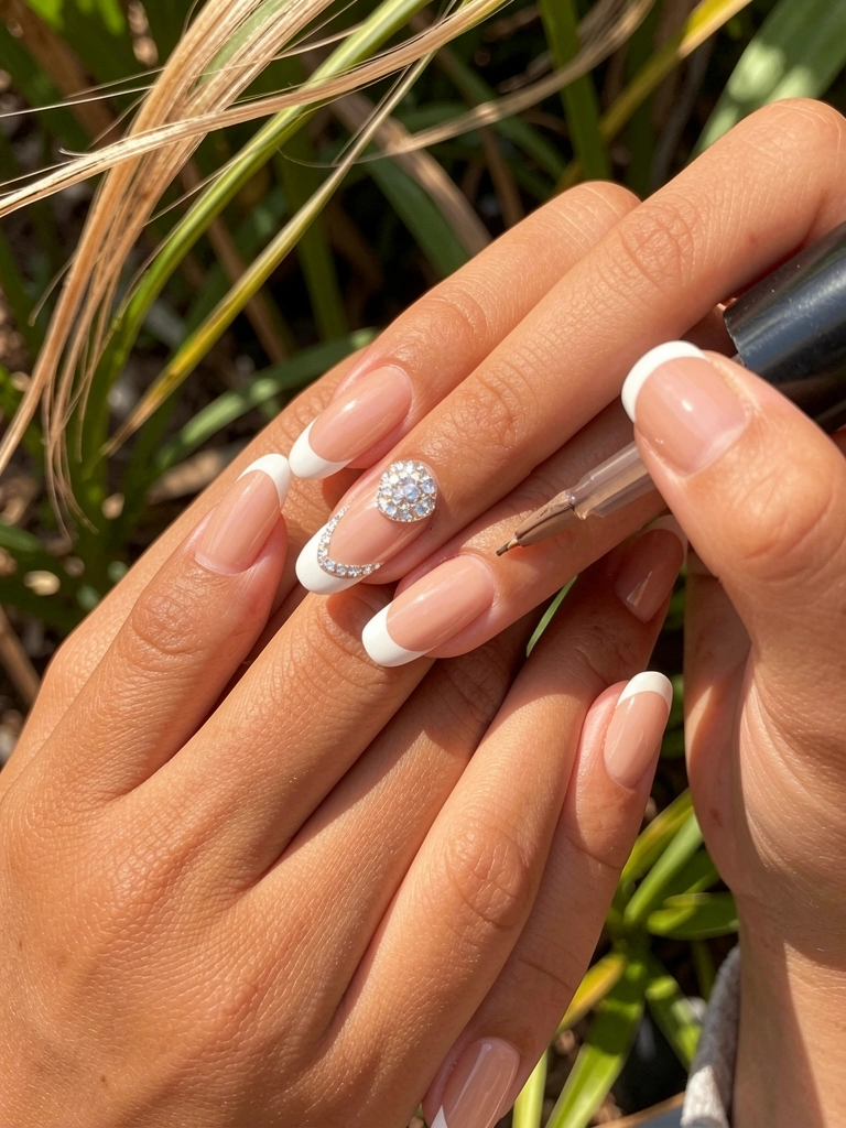 Mãos femininas aplicando esmalte nude com ponta branca e pedrinha brilhante, luz natural suave e folhagem ao fundo.