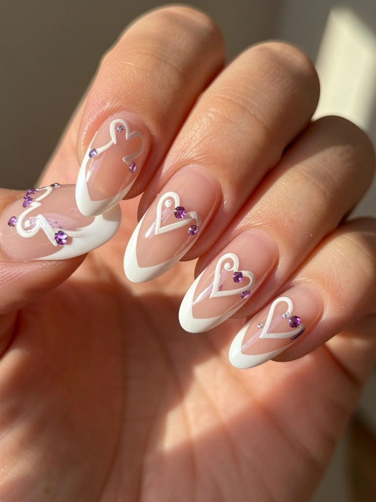 Mão com unhas francesinhas brancas e esmalte rosa nude, detalhes em acrílico branco com corações e ametistas, luz natural suave.