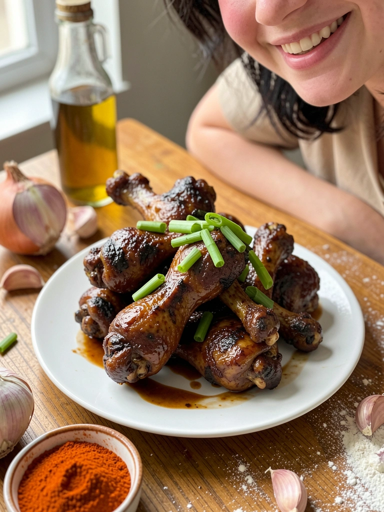 Mesa de madeira com pedaços de galinha, cebola, alho, colorau, vinagre e farinha em tigelas e potes