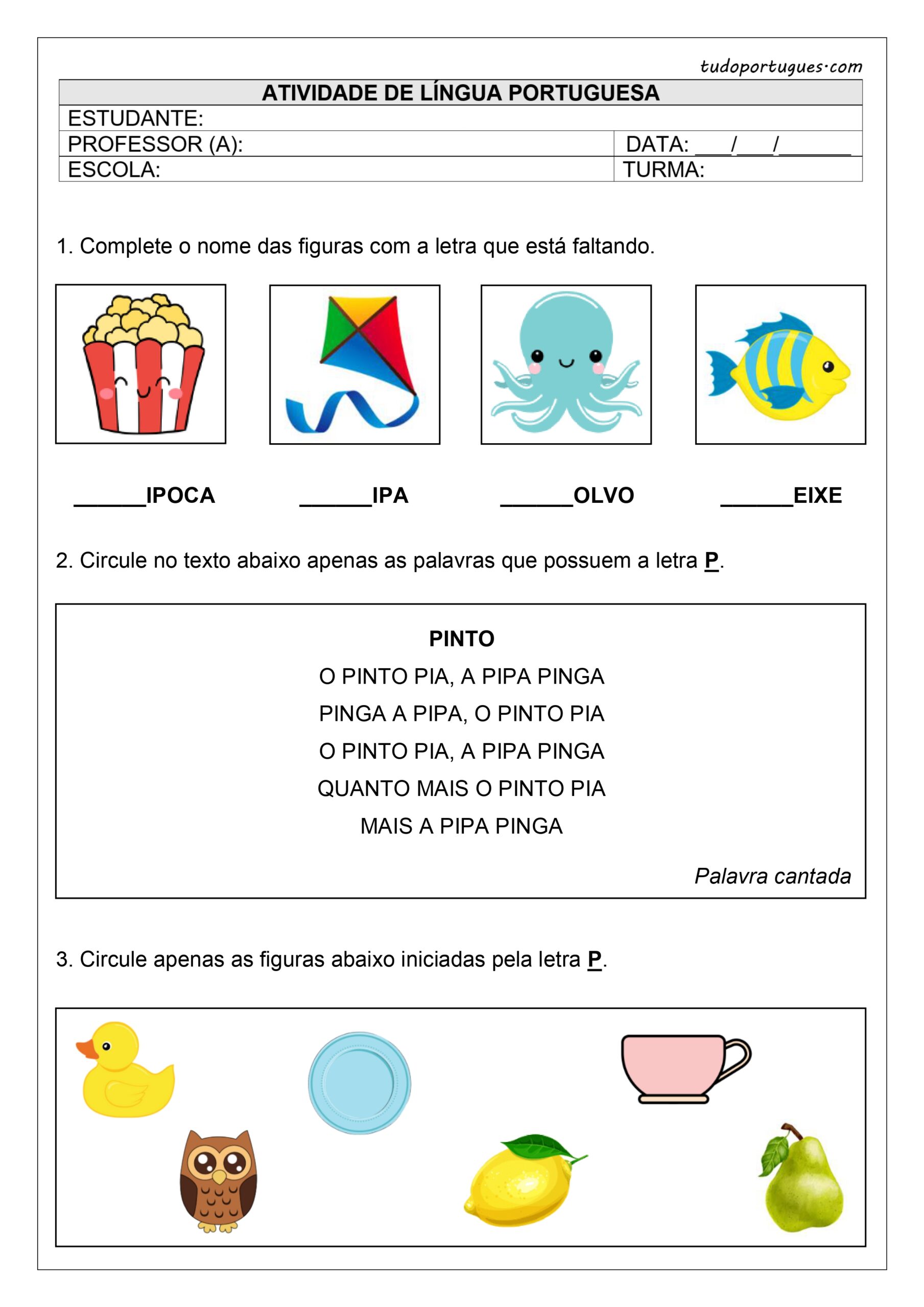 atividade com a letra P para educação infantil