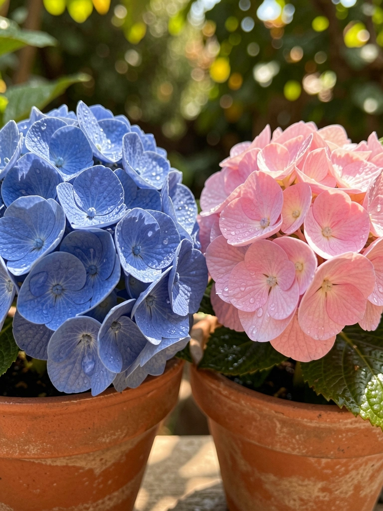 Hortênsias azul profundo e rosa delicada em vasos de terracota rústicos, gotas de água brilhando ao sol, fundo desfocado com luz manchada.