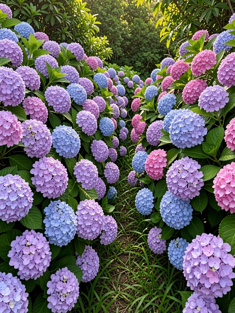 Hortênsias roxas, azuis e rosas aglomeradas, folhagem verde densa, luz natural do dia e caminho de grama curvado.