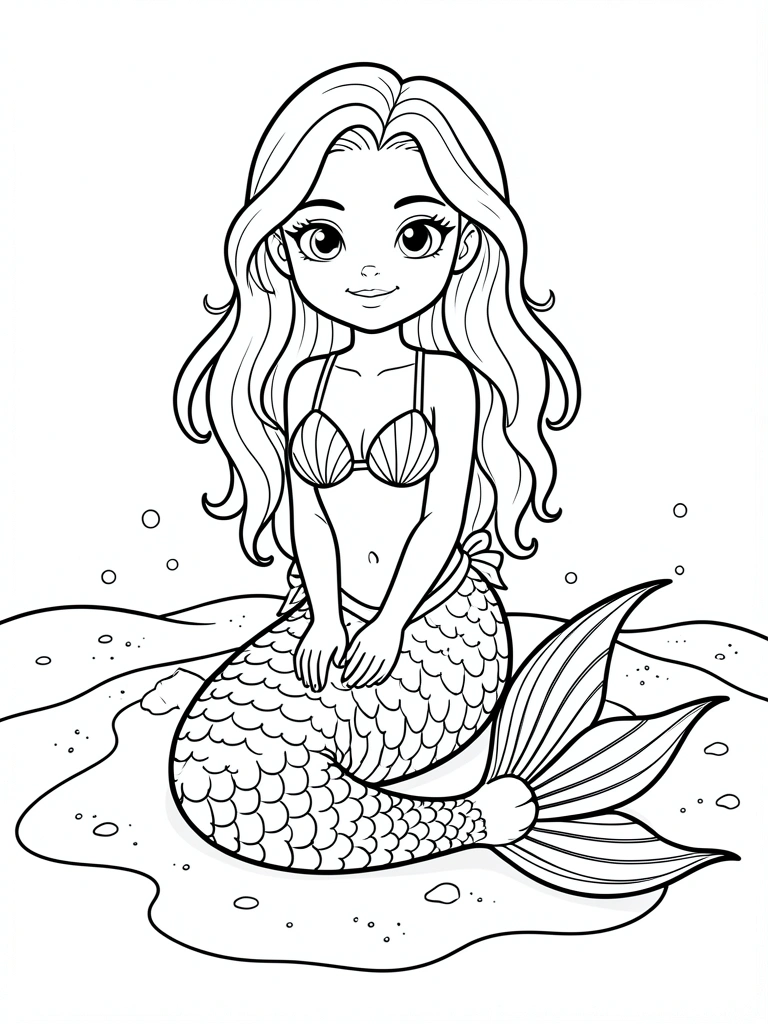 Sereia jovem de cabelos loiros sentada no fundo do mar, cauda com escamas e nadadeiras detalhadas, sutiã de conchas, sorriso suave.